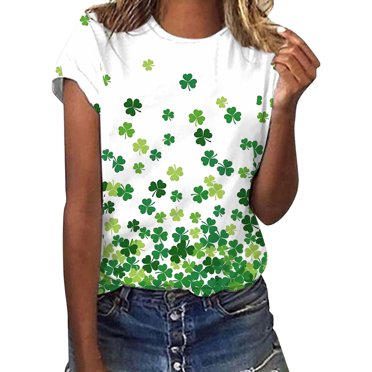Hot Sale!! T-Shirts de la Saint-Patrick pour Femmes Grande Taille T-Shirt Manches Courtes Col Rond Tunique à Rayures Color Block Blanc + TTG