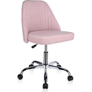Modern Mid Back Linen Fabric Desk Chair, Height Adjustable Computer Task Chair, Cute Upholstered Armless Makeup Vanity Chair with Swivel Wheels, Pink