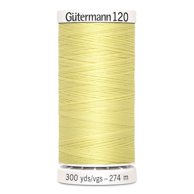 Gutermann 120 Bobine de Fil Tout Usage 100 % polyester en Jaune Pâle avec Extrémités en Plastique Blanches Étiquetées avec Marque et Longueur de 300 yards (274 Mètres), Convient à la Couture à la machine et à la Main de Divers Tissus, Y Compris le Coton, les Synthétiques et les Fibres Naturelles, Également Idéale pour les Projets d'Artisanat et de Bricolage.