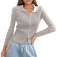 thumbnail image 1 of Women's Double Zip Ribbed Knit Cardigan - Tight-Fitting Crop Top with Collar - Modern Design - Soft Textured Fabric - One Size Fits Most, 1 of 3