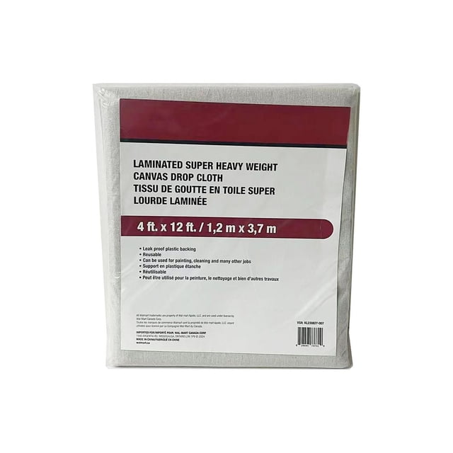 Toile de Chute Laminée super Lourde avec Endos en Plastique Étanche, Mesurant 4 Pi par 12 Pi (1,2 m par 3,7 m), Réutilisable pour Protéger les Planchers, les Meubles et les surfaces pendant la Peinture, le Nettoyage et Autres Projets d'Amélioration de la Maison.