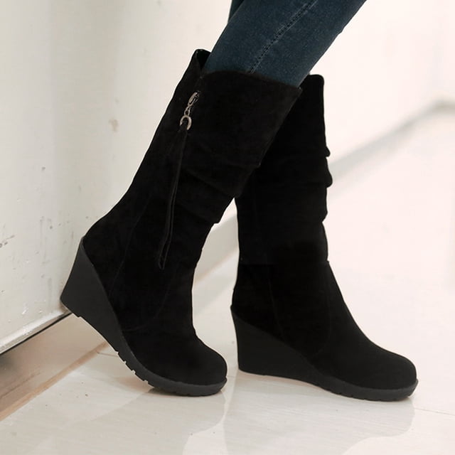 Mikilon Chaussures pour Femmes Couleur Unie Décontractées Tige en Suède Fermeture Éclair Talons Compensés Chaudes d'Hiver Bottes de Cowboy Résistantes à l'Usure