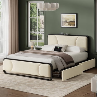 KOUSEI Cadre de Lit Grand avec Tête de Lit Haute avec Rangement, Lit Plateforme avec 2 Tiroirs, Cadre de Lit Rembourré en Velours avec Lumière DEL et Station de Recharge, Beige