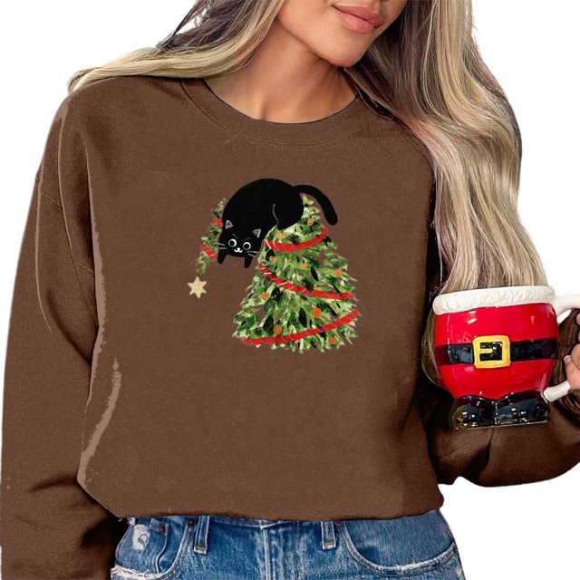 WEAIXIMIUNG Sweatshirts Courts pour Femmes Ensemble Motif Lumières Arbre de Noël Chat Col Rond Manches Longues Hoodie pour Femmes Décontracté Vacances