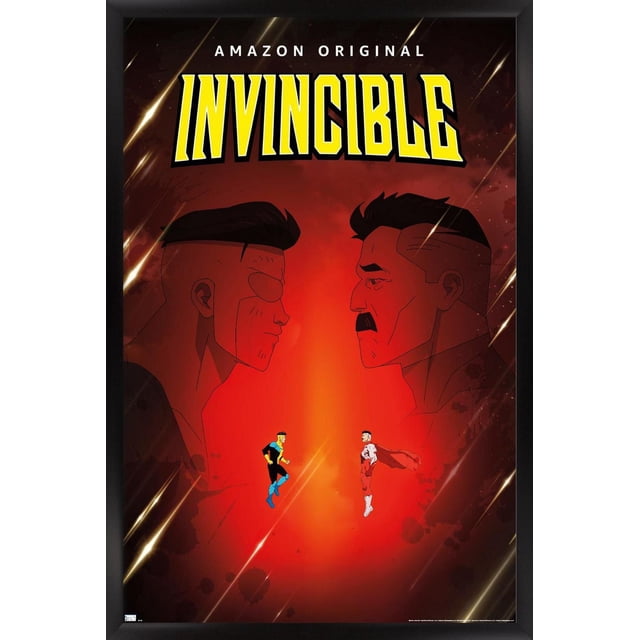 Invincible - Father and Son One Sheet Wall Poster, 22.375" x 34", depicts two animated male superheroes facing each other on a red gradient background with large dark side profiles behind them. The bold yellow 'INVINCIBLE' title and 'AMAZON ORIGINAL' text are at the top. The glossy poster is framed in black and ideal for home wall decor.