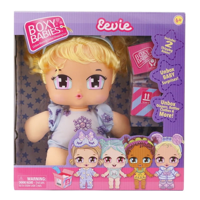 Boxy Babies Soft Dolls – Eevie doll with blonde hair in a purple outfit inside purple packaging including two small shipping boxes and cartoon baby characters on the front, designed for children 6 and up.