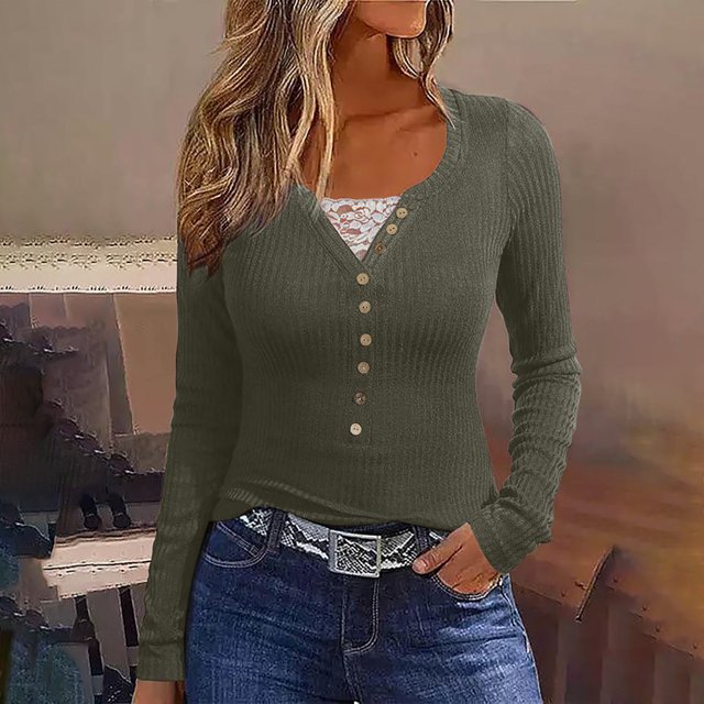 Qertyioot Chemise Blouse Décontractée pour Femme à Boutons, Manches Longues, Col Rond, Ajustée, avec Dentelle Cousue