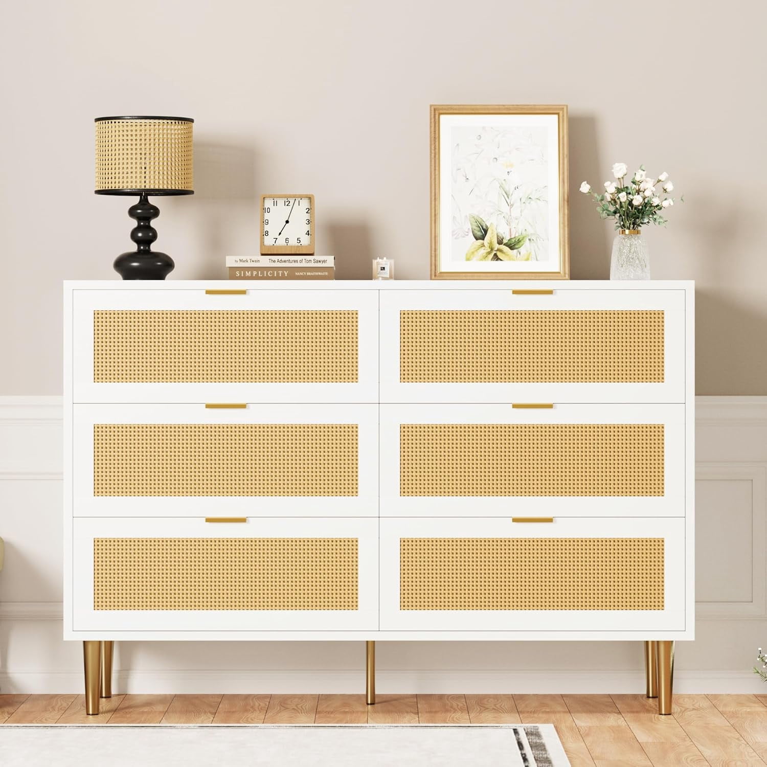 Rattan 6 Drawer Dresser, 42.5'' Modern Chest of Drawers with Gold Legs and Handles, Boho Wide Double Dresser with Large Tabletop and Anti-Tipping Design for Bedroom, Living Room, White