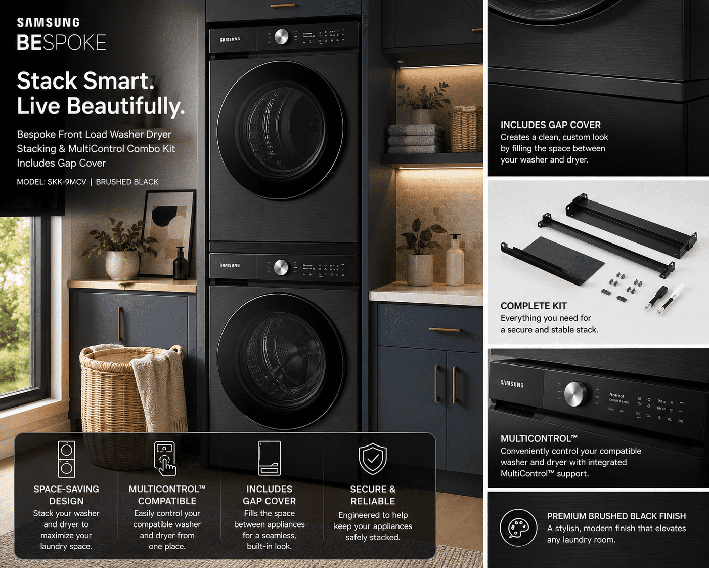 SAMSUNG Bespoke Front Load Washer Dryer Stacking and MultiControl Combo Kit, Includes Gap Cover to Fill Space Between Laundry Machines, Complete, SKK-9MCV, Brushed Black