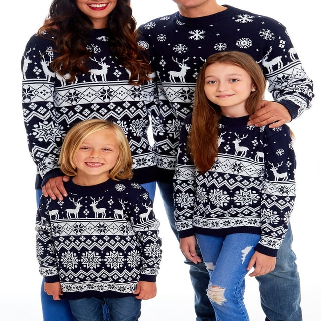 Chandails de Noël Assortis pour la Famille Manches Longues Col Rond Flocons de Neige Pulls Tricot de Fête