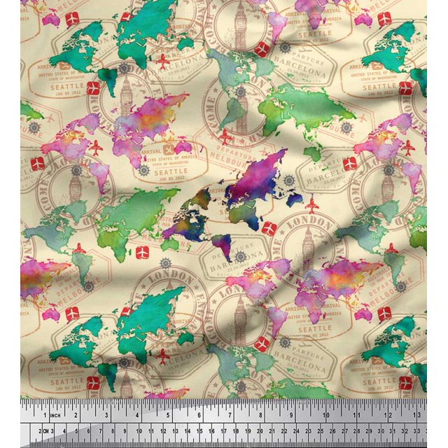 Soimoi White Rayon Fabric Stamp & World Map Decor Fabric Printed Yard 56 Inch Wide
