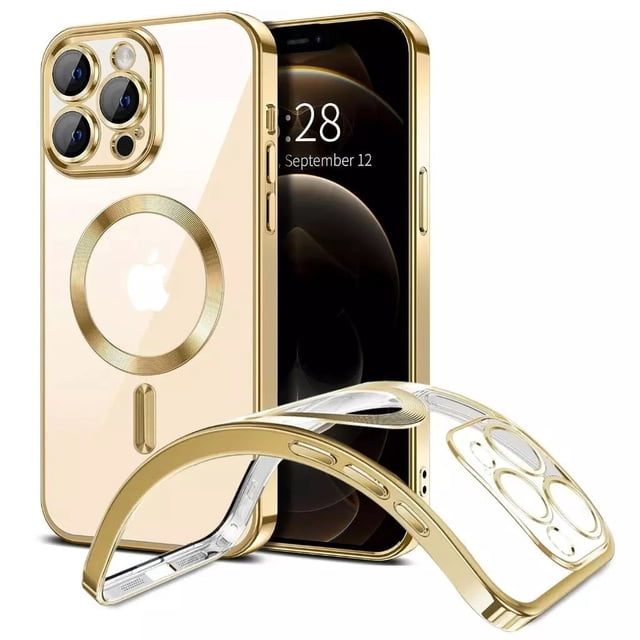 PST iPhone 16 Pro Max Case, a hybrid TPU back cover with MagSafe-compatible magnetic wireless charging. The case features a transparent acrylic back with gold accents, showcasing the phone's original design. It includes raised edges for screen and camera protection, built-in magnets for secure alignment with MagSafe accessories, and drop protection for durability.