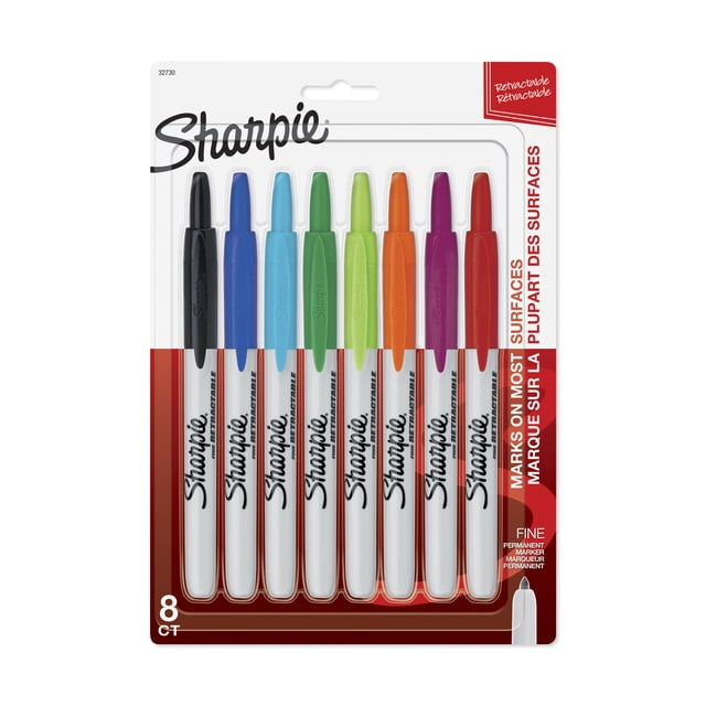 Sharpie Retractable Permanent Markers, Fine Point, Assorted Colours, 8 Count