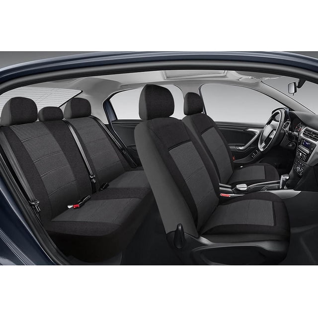 AUTO DRIVE 3-PIECE Jacquard Car Seat Cover Full Set for Front and Rear Seat Universal Fit installed in a sedan interior, showing black jacquard fabric covers with striped textured center panels on front bucket seats and rear bench seat, including headrest covers and seat belt access, providing full protection and universal fit for most vehicles.