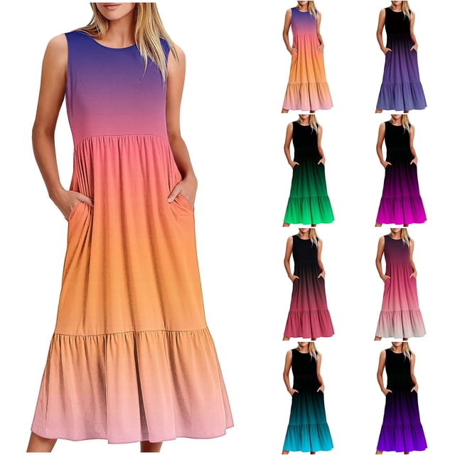 2024 Longues Robes Maxi à Bretelles Spaghetti pour Femmes Été, Robes Maxi Dégradées Sans Manches pour Femmes Grande Taille, Robes d'Été Décontractées à Col Rond pour la Plage Robe Évasée, Robe Maxi Fluide à Étages pour Femmes