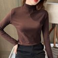 thumbnail image 2 of Baberdicy T-Shirts pour Femmes Femmes Ajusté Décontracté Uni Manches Longues Col Roulé Simulé Blouse Hauts Coupe Ajustée Extensible Couche T-Shirts Hauts pour Femmes Café, 2 of 7