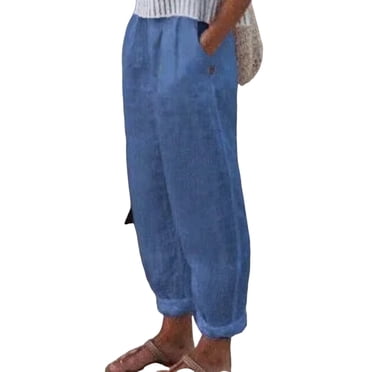 Timegard Pants for Women Cotton Linen Straight Leg Elastic Waist Fall Casual Loose Pants Lightweight