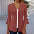thumbnail image 1 of VKOYWKM 3/4 Length Sleeve Womens Tops Trendy Eyelet Embroidery Tees Button Down V Neck Pullover Tops Solid Color Ruffle Bell Sleeve Tunic Blouses, 1 of 5