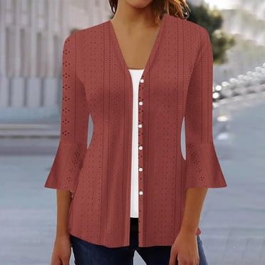 Drppepioner Cardigan for Women DressyWomen's Fashion Casual V-Neck 3/4 Sleeve Loose Ladies Tops Blouses Cardigan Wine