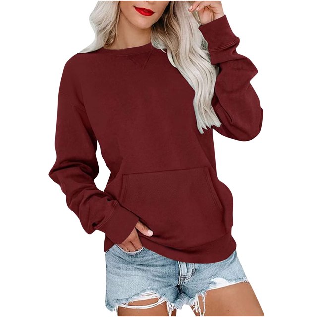 Pulls à Manches Longues pour Femmes Blouses à Manches Longues Mode Féminine Solide Ample Col Rond Blouse à Manches Longues avec Poche Pull Blouses à Manches Longues pour Femmes Hauts à Manches Longues
