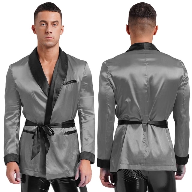 RUNQHUI Men Silky Satin Smoking Jacket Robe Kimono Bathrobe Luxurious Light Weight Bath Robe Housecoat Gray M