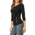 thumbnail image 4 of INSPIRE CHIC Women's Button Decor V Neck 3/4 Sleeve Solid Knitted Ruched Blouse, 4 of 6