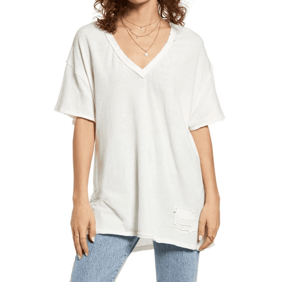 Free People Women's White Short Sleeve Pullover Distressed V-Neck T-Shirt Size M