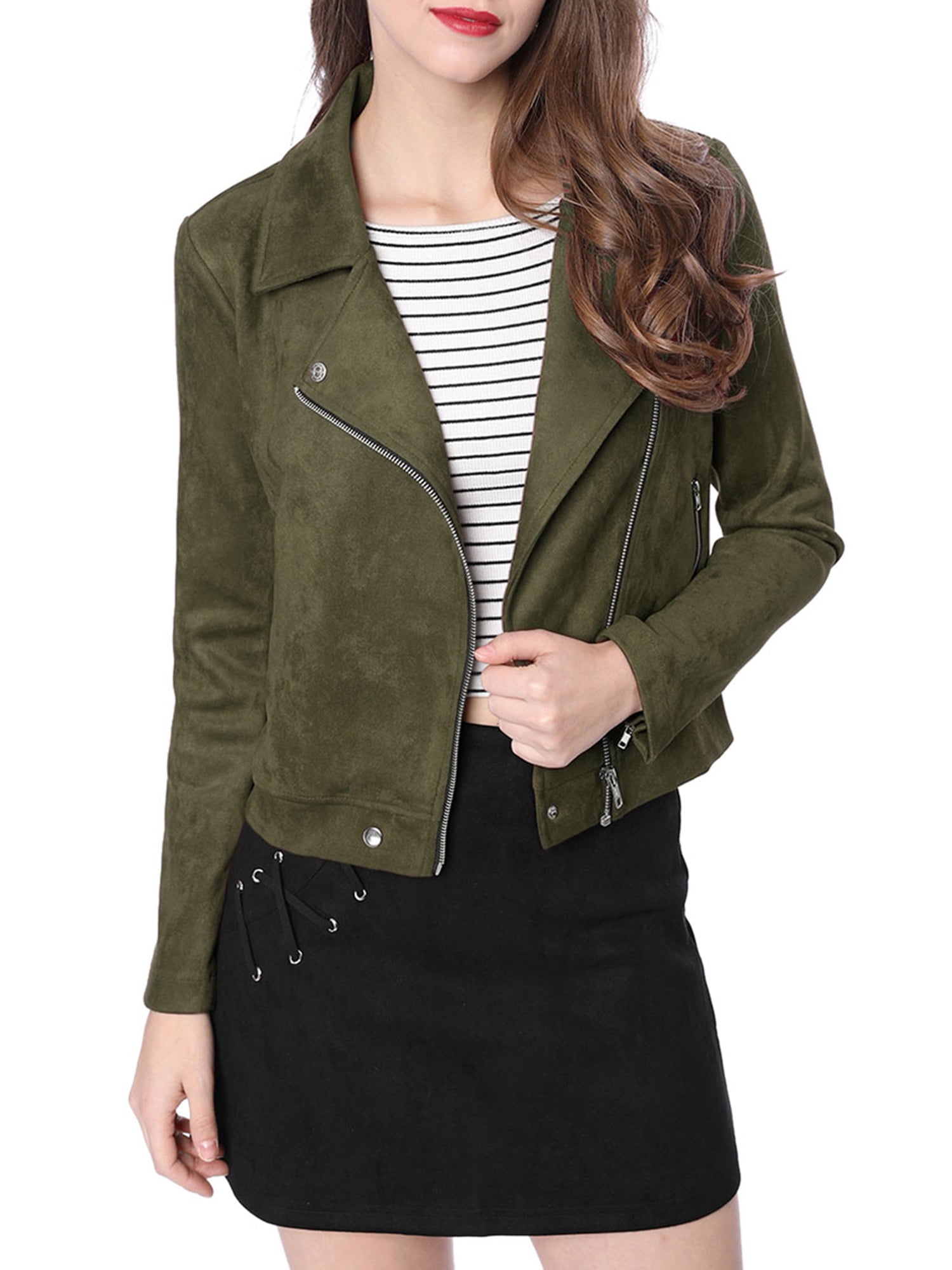 INSPIRE CHIC Women Short Soft Zip Up Faux Suede Biker Moto Jacket