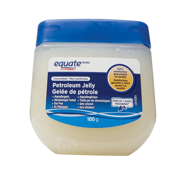 Equate Petroleum Jelly, Original, Unscented, 100G in a translucent plastic jar with a blue lid, featuring a bilingual label stating hypoallergenic, dermatologist-tested, dye-free, and free of parabens and phthalates, suitable for moisturizing and protecting dry skin and often used as a protective skin barrier.