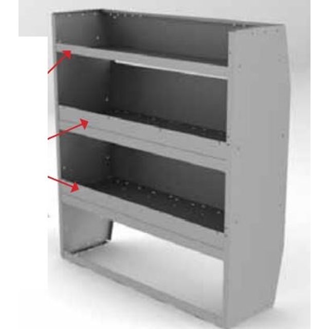 Holman 40424 Warning Light, a grey steel van storage system shelf unit with tapered end panels, measuring 42 inches in width, 60 inches in height, and 14 inches in depth. It features three open shelves without dividers, ideal for organizing automotive replacement parts and specialty storage needs.