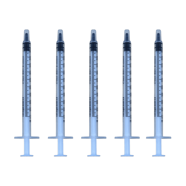 Elimedical Veterinary Syringe Without Needle, Luer Slip 1cc 100pcs/box 01ST. The image displays five transparent syringes with 1cc capacity, featuring bold, easy-to-read measurement markings and luer slip tips. Made of durable, non-toxic, latex-free plastic, these syringes are ideal for veterinary use, liquid feeding, medicine administration, and precise applications.