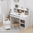 thumbnail image 2 of Kids Study Desk and Chair Set, White Kids Study Table and Adjustable Chair Set with Hutch, Cork Board, Keyboard Tray, 2 Pen Holders, Children School Table Student Desk Computer Desk, 2 of 8