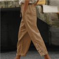 thumbnail image 2 of JUNWELL Women‘s Cotton Linen Lace Patchwork Design High Waist Drawstring Pocket Button Nine-Point Pants Long Pants Black 4, 2 of 9