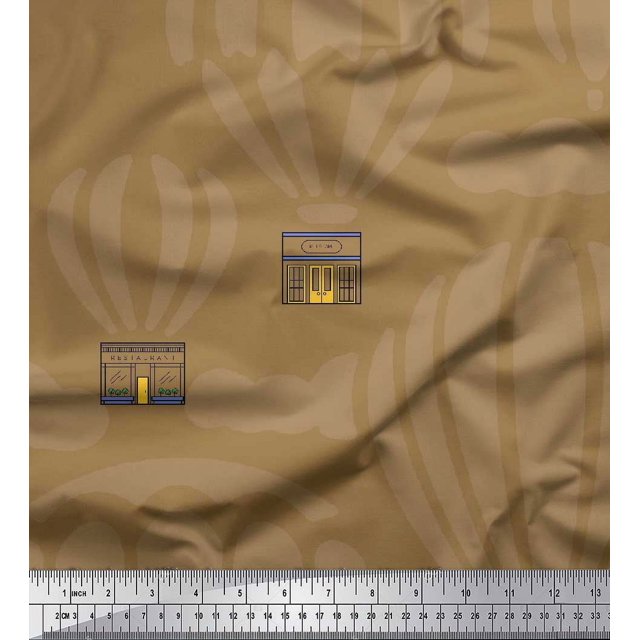 Soimoi Brown polyester Crepe Fabric Architectural Structure & Hot Air Balloon Holiday Printed Craft Fabric by the Yard 52 Inch Wide