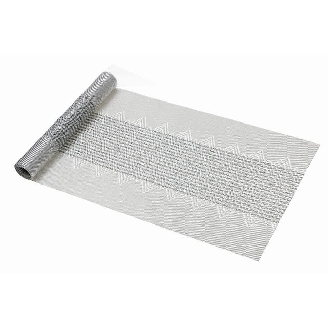 IH Casa Decor Vinyl Table Runner 54" Diamond Band Silver - Set of 2, partially unrolled on a white background, featuring a silver diamond pattern band on translucent vinyl, ideal for dining room table protection and decorative use, also suitable for guest room tables.