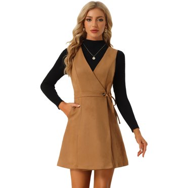 INSPIRE CHIC Robe Salopette en Suède pour Femme Col en V Vintage Ligne A Boutonnée devant Robe Chasuble Brun TG