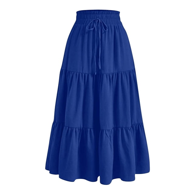Bocqde Women's Boho Maxi Skirts Summer Fashion Casual Drawstring Elastic High Waist Long Skirt Solid Color Flowy A Line Ruffle Swing Skirt