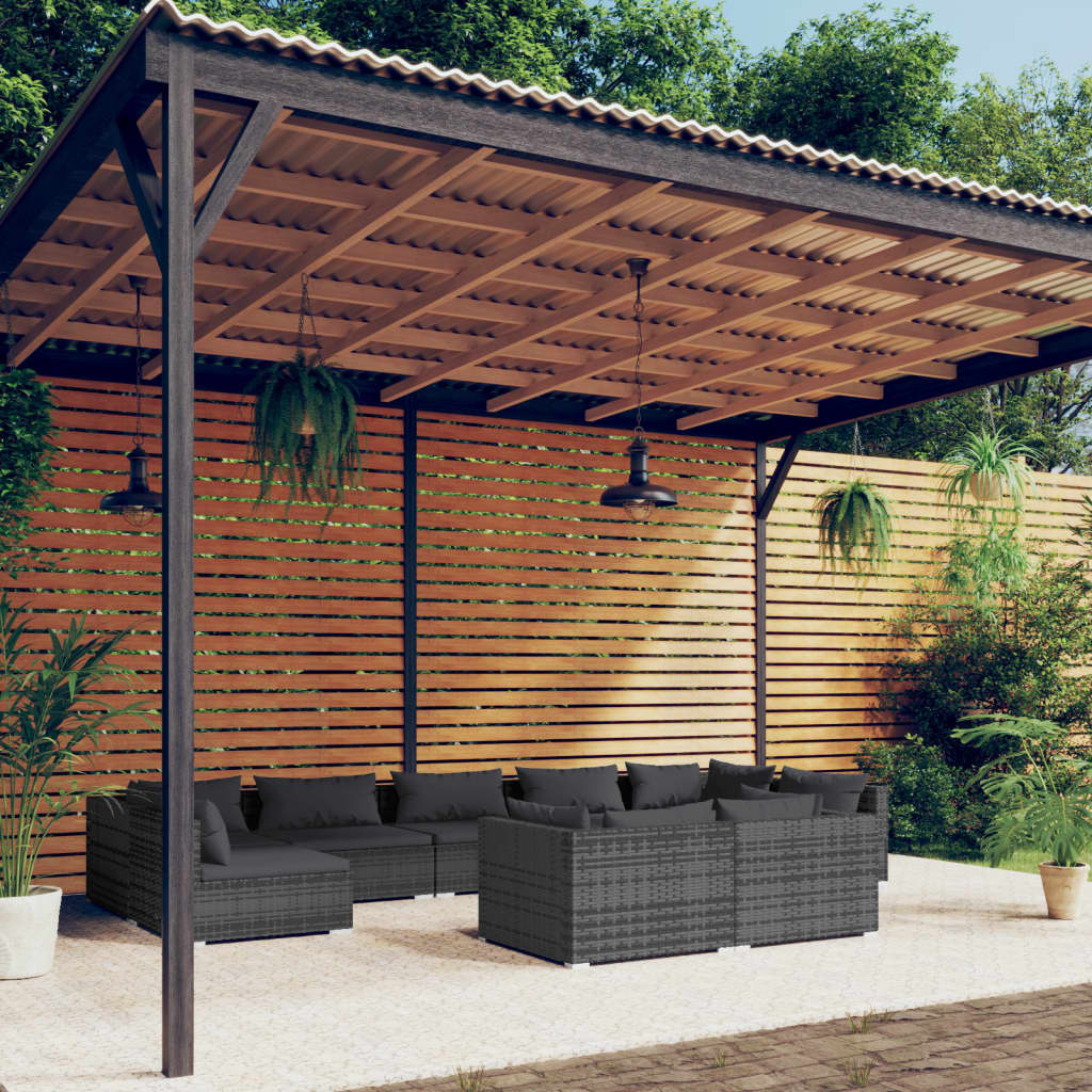 vidaXL 9 Piece Garden Lounge Set with Cushions Grey Poly Rattan