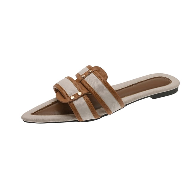 Women's Slippers Slide on Sandals, Fashionable Comfortable House Shoes with Color-Blocked Wrap Strap, Lightweight Pointed Toe Low Heel Easy Slip on for Spring Summer, Plus Size Available