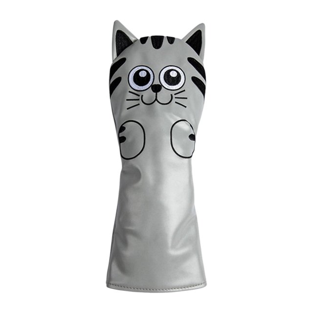 Golf Club Head Covers Mallet Putter Cat Pattern Accessories Putter Cue Headcover Driver Grey. A grey PU leather golf club head cover featuring a cute cat design with embroidered details, suitable for protecting putters and drivers from scratches and damage. The cover is waterproof, durable, and easy to clean, making it ideal for outdoor golfing activities. Dimensions include 14cmx35cm for drivers and 13cmx2.5cmx10.5cm for semicircle headcovers. Package options include a single putter cue head cover or a set of 9 headcovers.