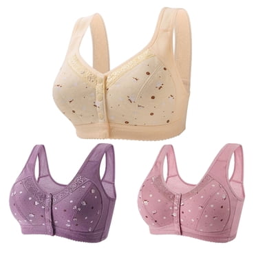 Lenpel Women's Plus Size Front Closure Bras 3 Pc No Underwire Printed Full Coverage Bralettes Comfortable Everyday Bras(Purple,Small)