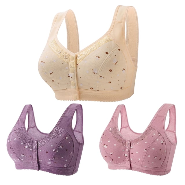Lenpel Women's Plus Size Front Closure Bras 3 Pc No Underwire Printed Full Coverage Bralettes Comfortable Everyday Bras(Purple,Small)