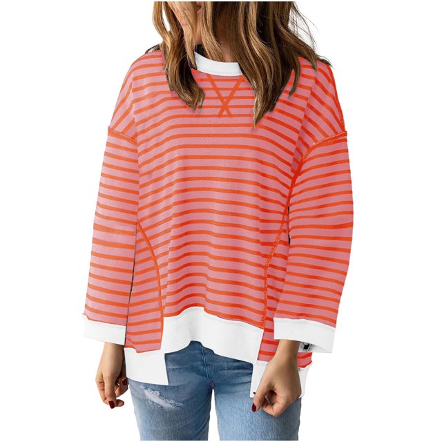 Pisexur Chandails à Capuchon pour Femmes à Imprimé Rayé, Chandails à Col Rond Décontractés et Stylés, Chemises à Manches Longues pour Femmes, Mode d'Automne, Chandail à Capuchon Ample et Surdimensionné, Hauts à Enfiler Légers et Confortables, Ourlet Irrégulier, Chandail