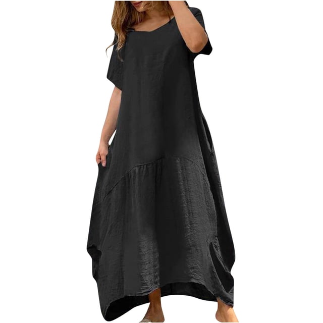 Pompotops Robe Longue d'Été à Manches Courtes Unie Douce et Confortable pour Femmes en Solde