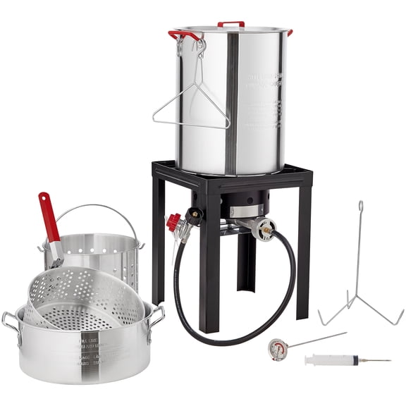 KFFKFF Deep Fryer for Turkey, Set of 30-qt Poultry and 10-qt Fish Steamer Cooker, Outdoor Seafood Frying Pot made of Aluminum, Propane Gas Boiler with 54,000 BTU Burner, Comes with Baskets