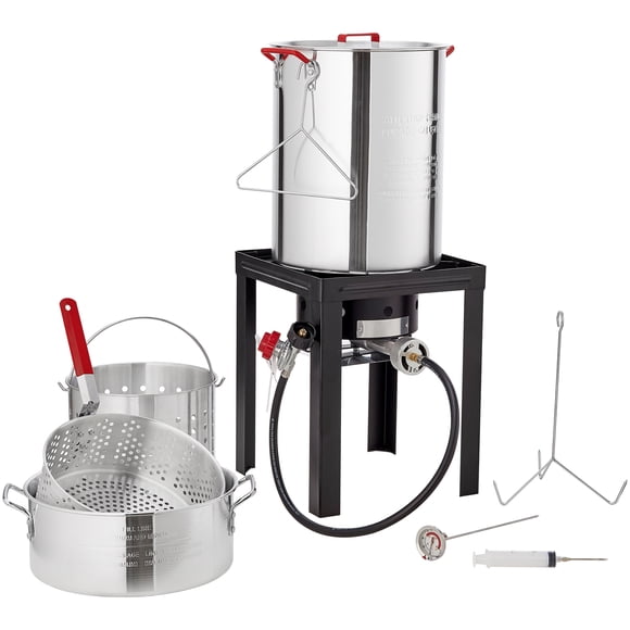 KFFKFF Friteuse pour Dinde, Ensemble de Cuiseur Vapeur pour Volaille de 30 Qt et Poisson de 10 Qt, Casserole de Friture pour Fruits de Mer d'Extérieur en Aluminium, Chaudière au Gaz Propane avec Brûleur de 54 000 BTU, Livré avec Paniers