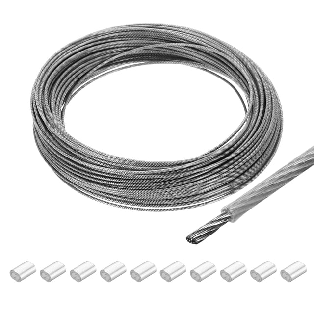 Uxcell 98Ft Wire Rope 304 Stainless Steel Cable 0.06" 10Pcs Sleeve Clear