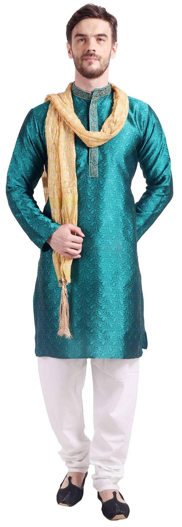 Tenue de Fête de Mariage Indienne Kurta Pyjama pour Homme avec Foulard (Vert, TTG)