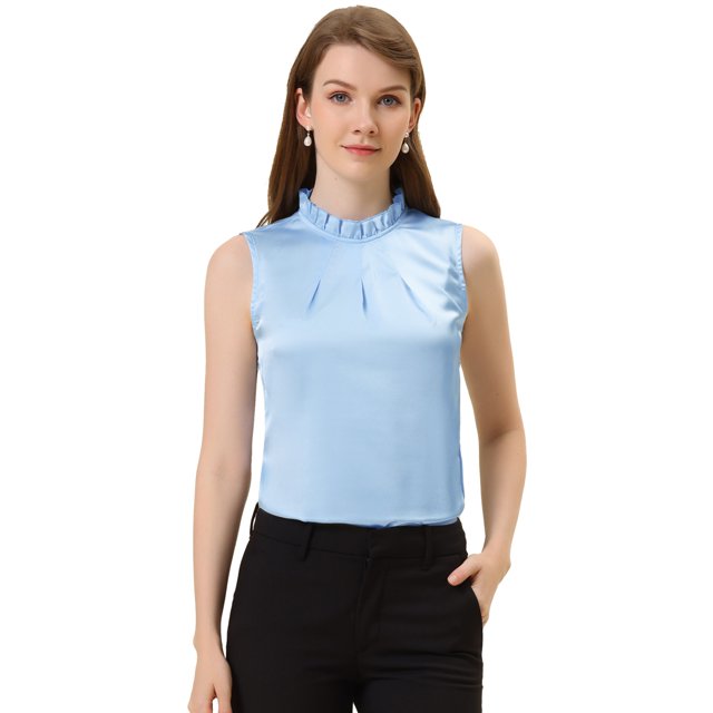 INSPIRE CHIC Women's Ruffle Neck Pleated Front Summer Sleeveless Satin Tops Light Blue S
