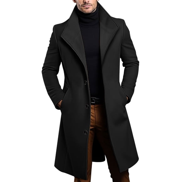 aohooy Mens Wool Blend Trench Coat Mid Long Single Breasted Lapel Pea Coats Winter Business Casual Overcoats with Pockets Black,S